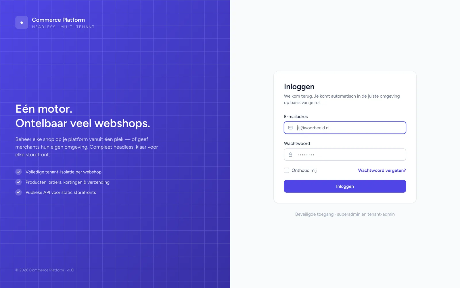 Het inlogscherm van het commerce-platform